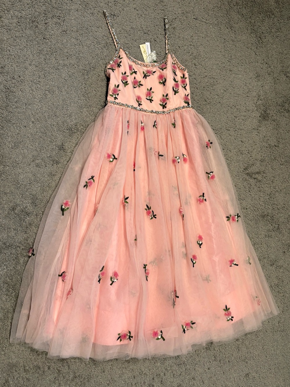 Alice & Olivia New Lupita Crystal Strap Embellished 3D Flowers Tulle Midi Gown 6 - Picture 11 of 16